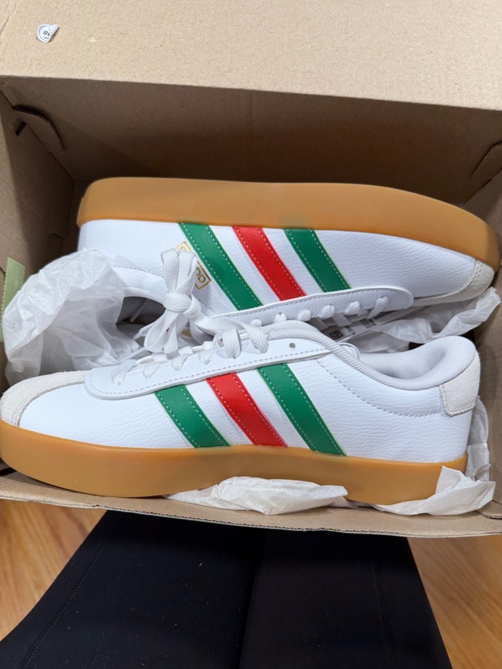 adidas White Sneakers with Green and Red Stripes and Gum Sole